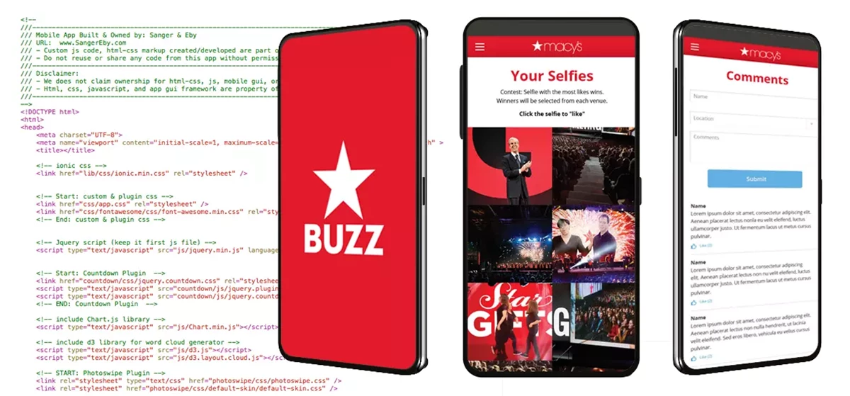 Macy's Star Buzz site shown on phones with lines of code to the side.