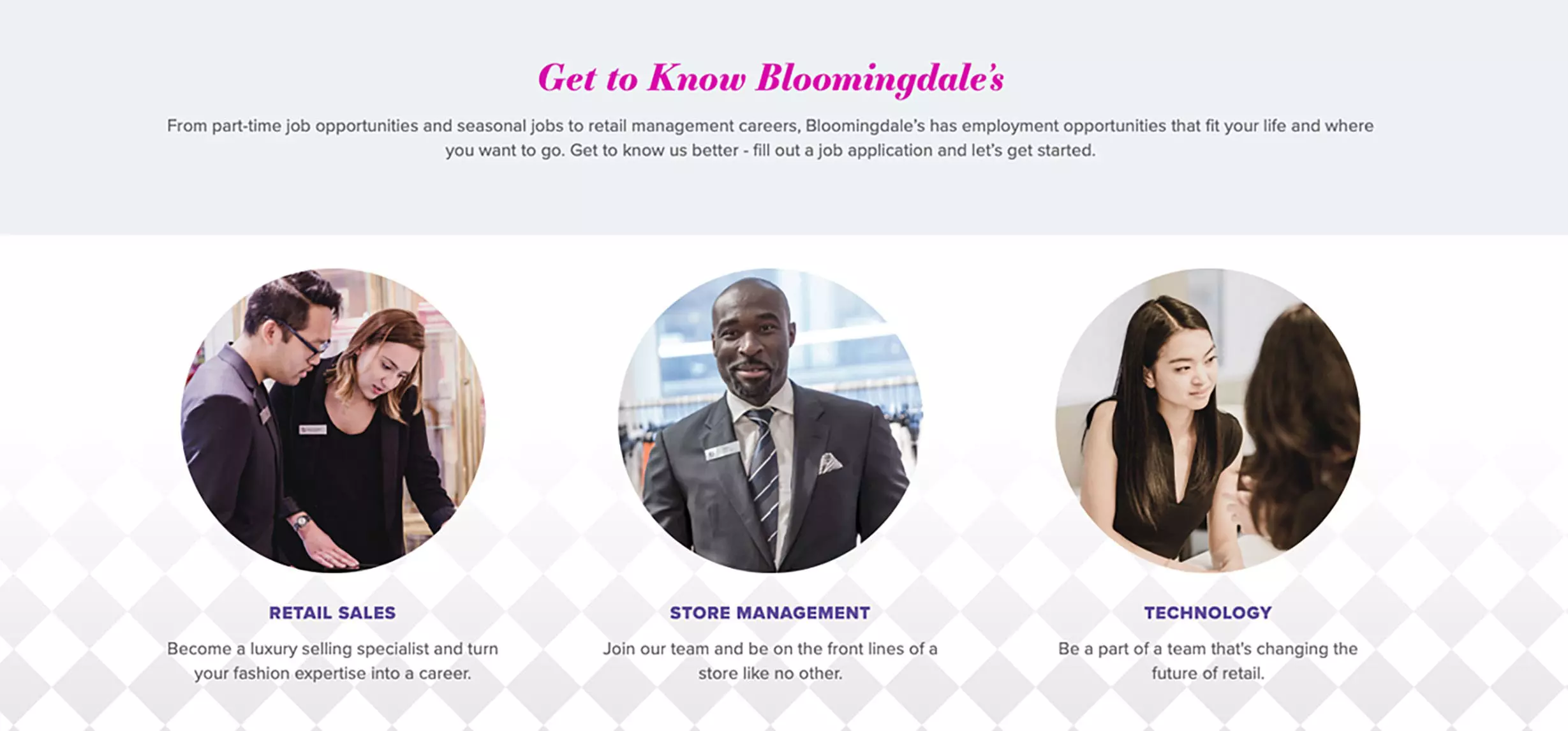 Close up of highlights on Bloomingdale's Jobs home page