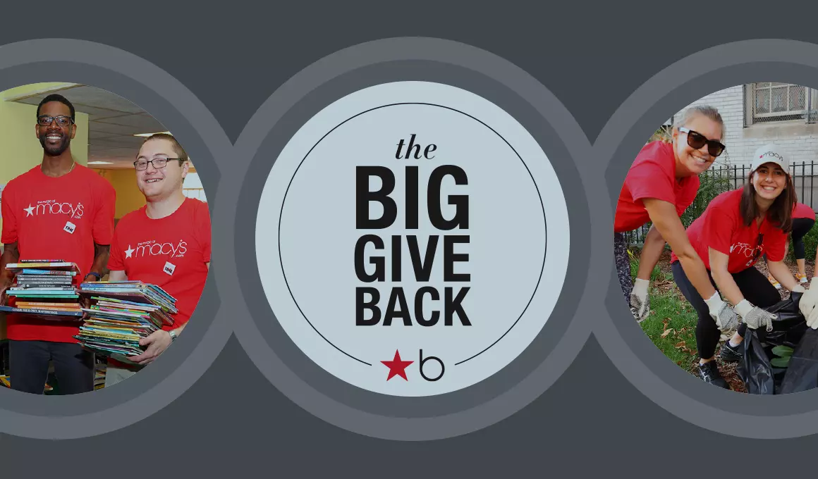 Collage of Macy's giving campaign logo with photos of volunteering associates