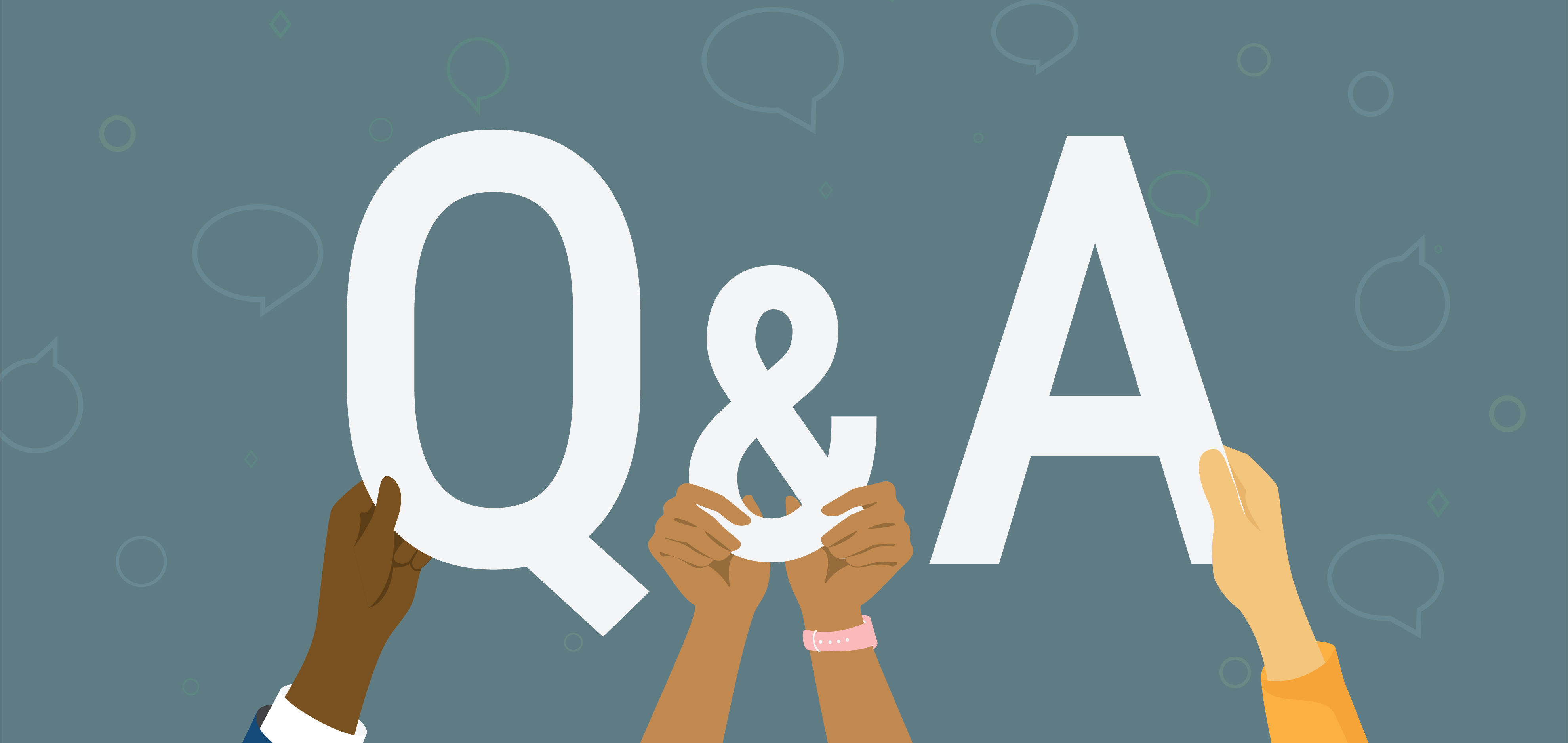 Illustration of hands holding up letters and characters reading "Q&A"