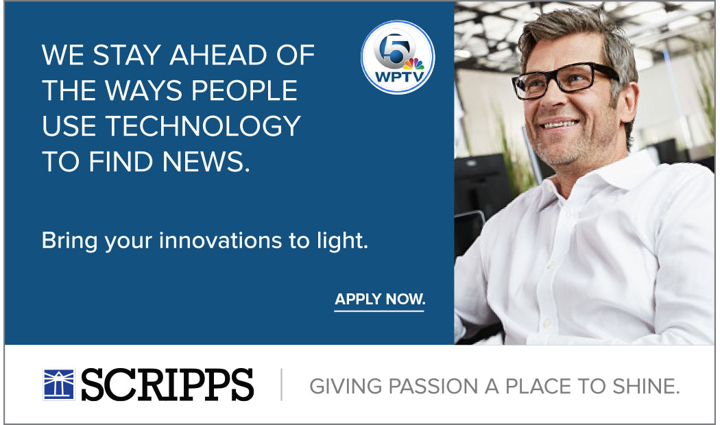 Sample ad executing the new E.W. Scripps employer brand elements. The tagline reads Giving Passion a Place to Shine and is accompanied by the Scripps logo along the bottom of the ad. The main message reads We stay ahead of the ways people use technology to find news. Bring your innovations to light. Apply Now. and is accompanied by a photo of a middle-aged man in a white button down shirt smiling and looking away from the camera.